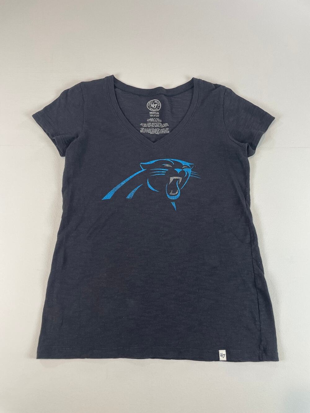 47 Brand Womens Black Carolina Panthers V Neck Cotton Tee Shirt Size M